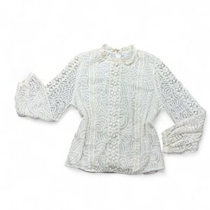 100% silk cream lace blouse with ruffled collar, key hole back long sleeves
